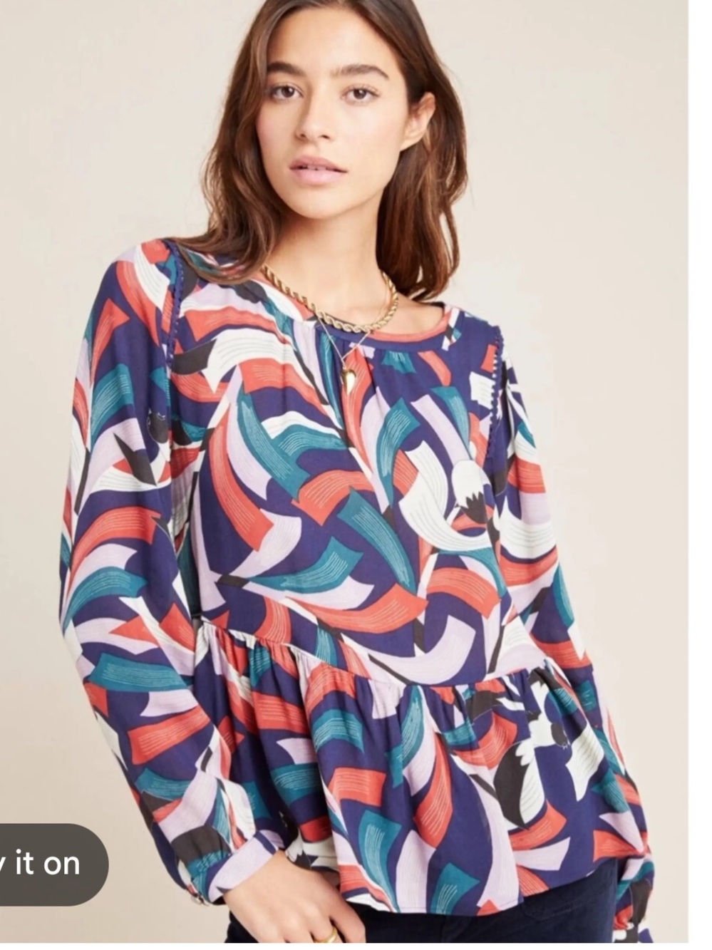 Maeve Anthropologie‎ Cheyenne Blouse Peplum Geometric Brick Navy
